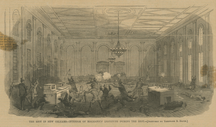 Drawing of people firing guns, with dead bodies scattered across the floor.